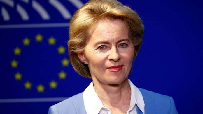 German Defense Minister von der Leyen briefs the media at the EU Parliament in Brussels